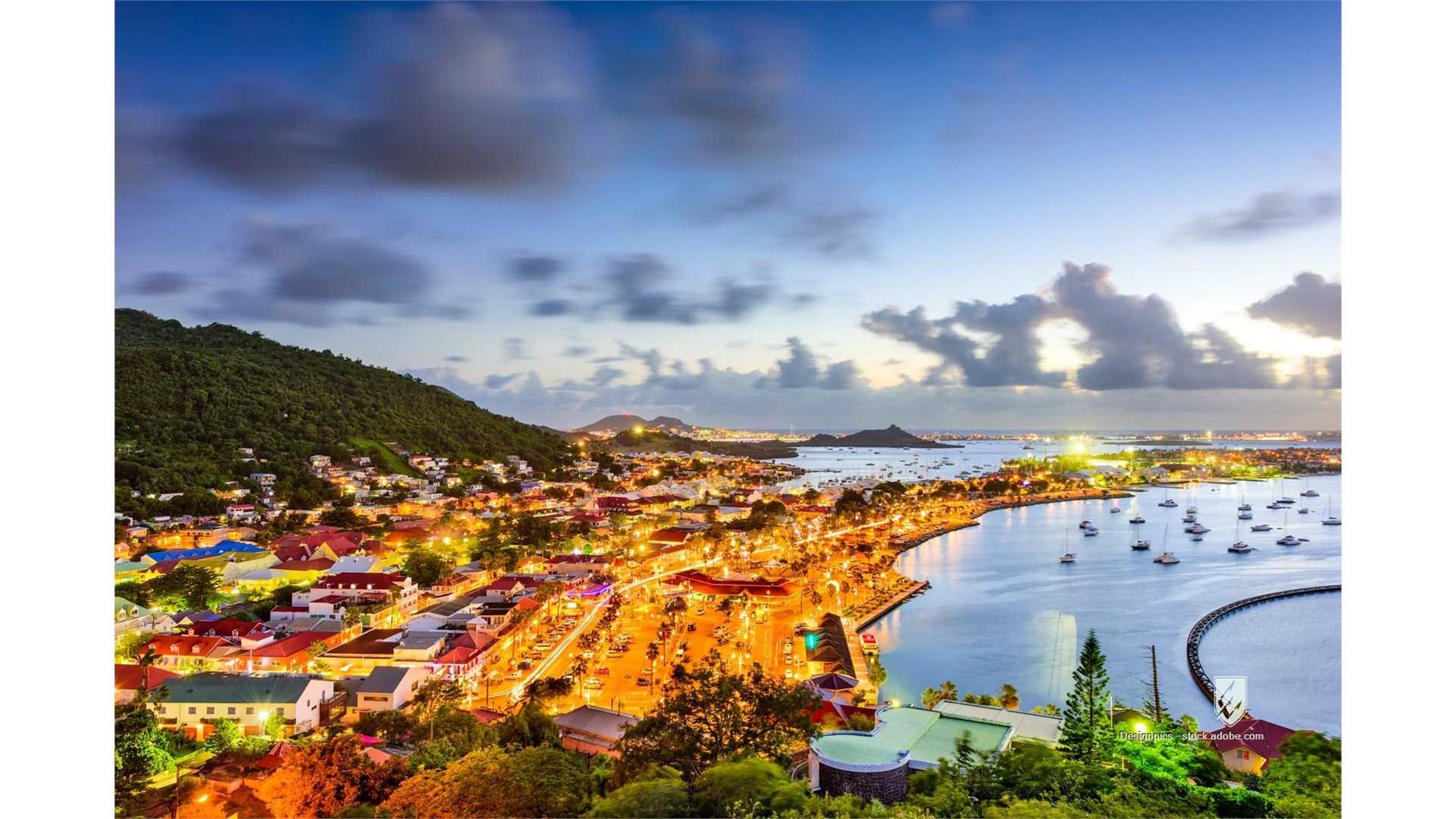st. martin saint martin sint maarten marigot french town city skyline cityscape sunset dusk evening afternoon aerial vie